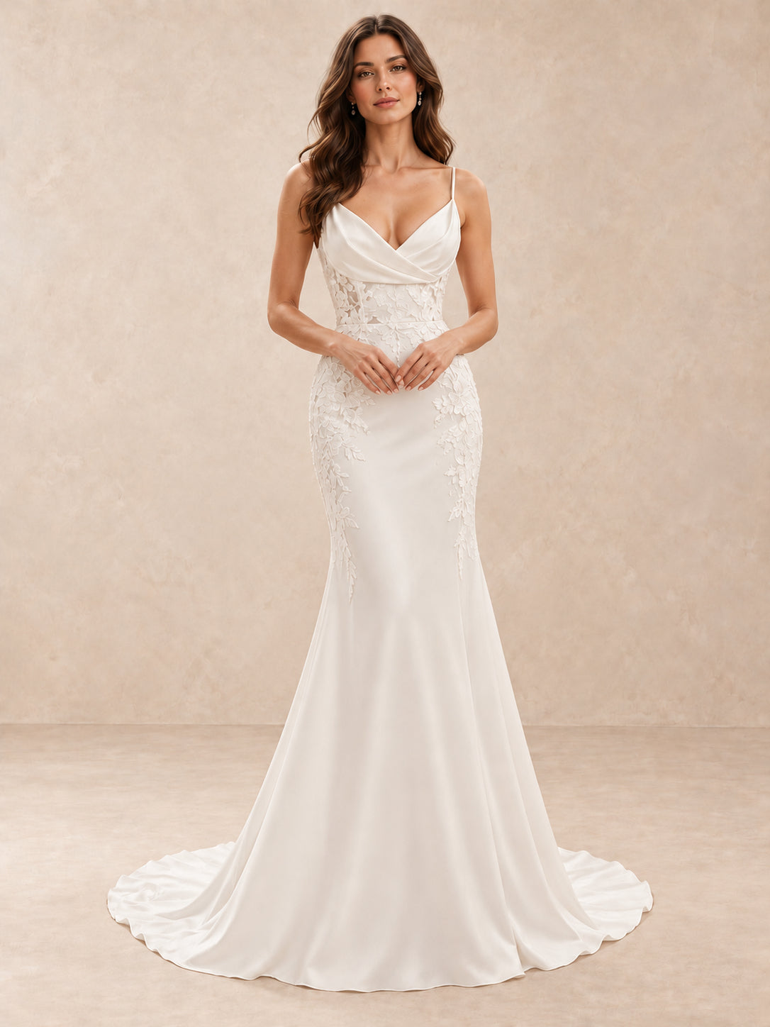 Cowl V-Neck Satin and Lace Trumpet Wedding Dress with Sweep Train
