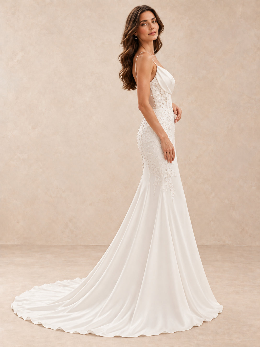 Cowl V-Neck Satin and Lace Trumpet Wedding Dress with Sweep Train