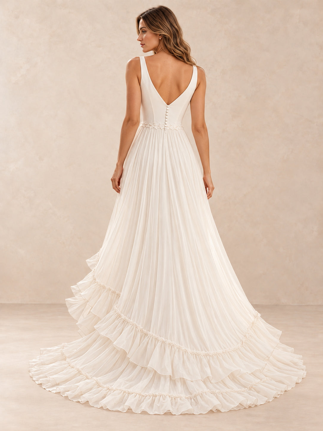Deep V-Neck Chiffon High-Low Wedding Dress with Pearl Waist Detail