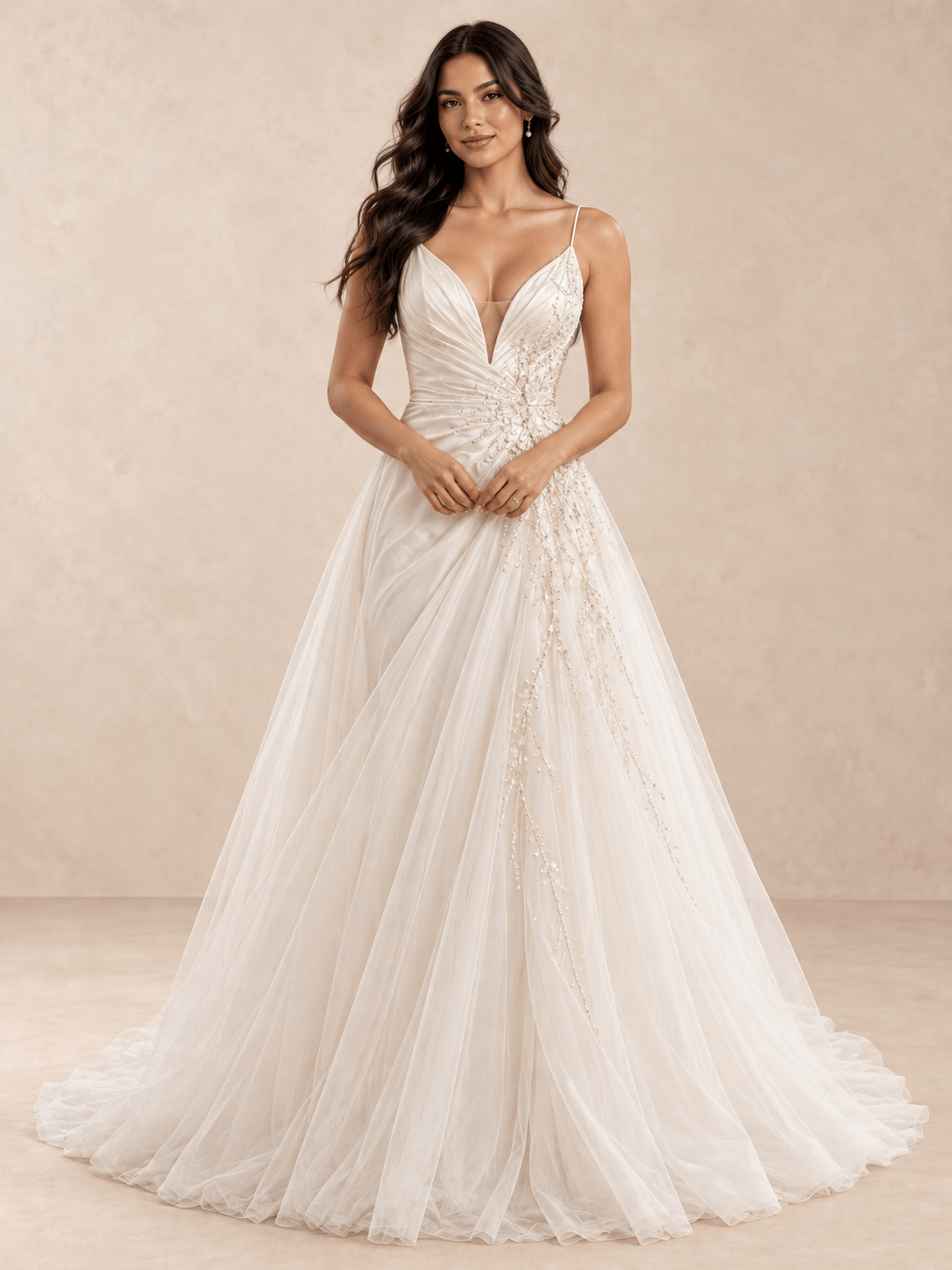 Deep V-Neck Draped Satin A-Line Wedding Dress with Beaded Tulle Skirt