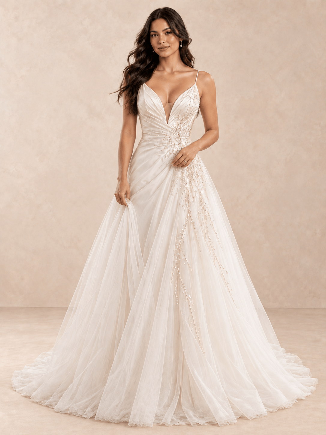 Deep V-Neck Draped Satin A-Line Wedding Dress with Beaded Tulle Skirt