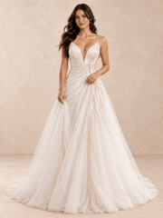 Deep V-Neck Draped Satin A-Line Wedding Dress with Beaded Tulle Skirt