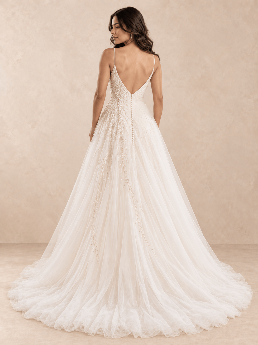 Deep V-Neck Draped Satin A-Line Wedding Dress with Beaded Tulle Skirt