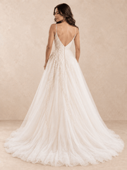 Deep V-Neck Draped Satin A-Line Wedding Dress with Beaded Tulle Skirt
