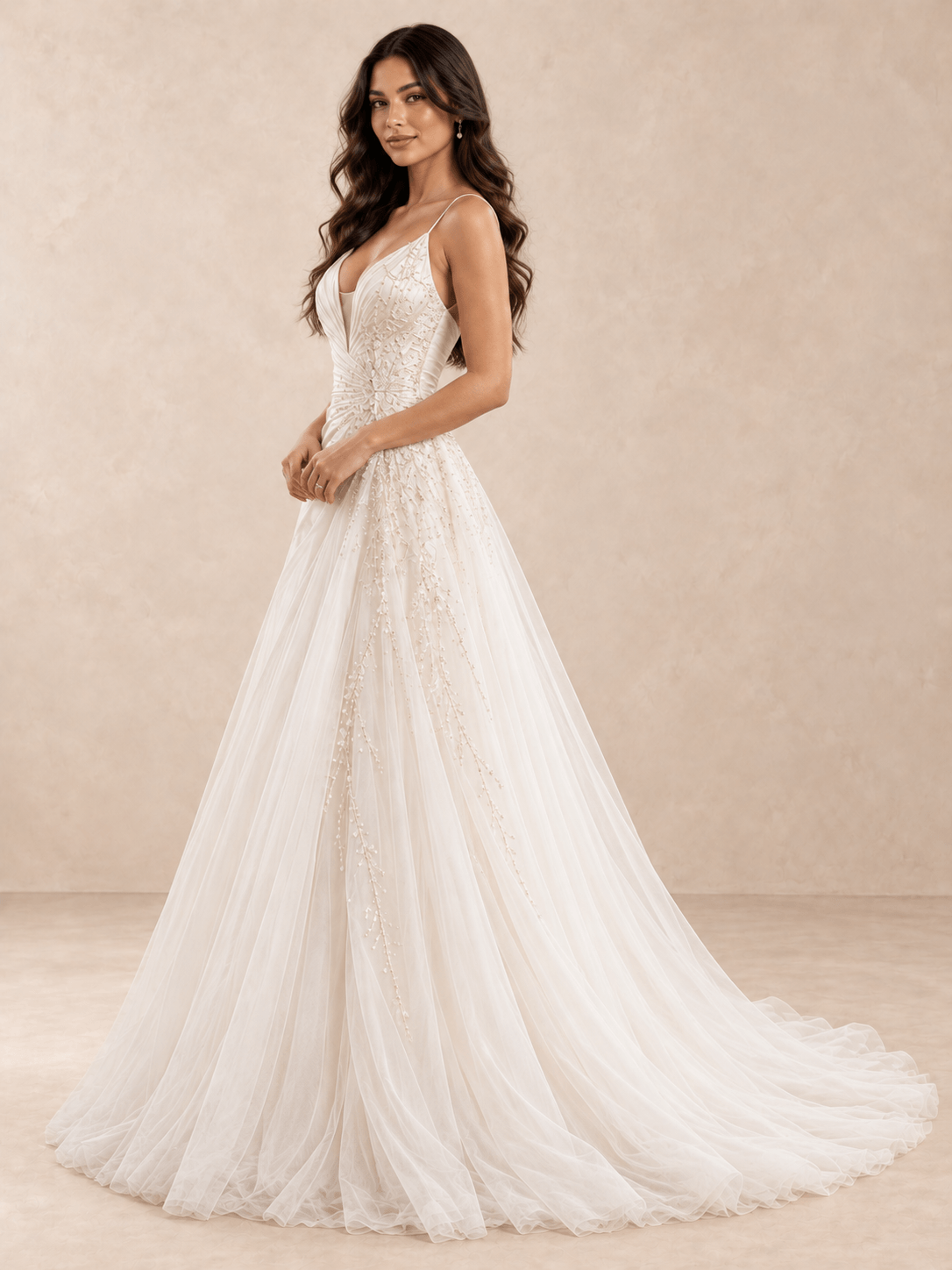 Deep V-Neck Draped Satin A-Line Wedding Dress with Beaded Tulle Skirt