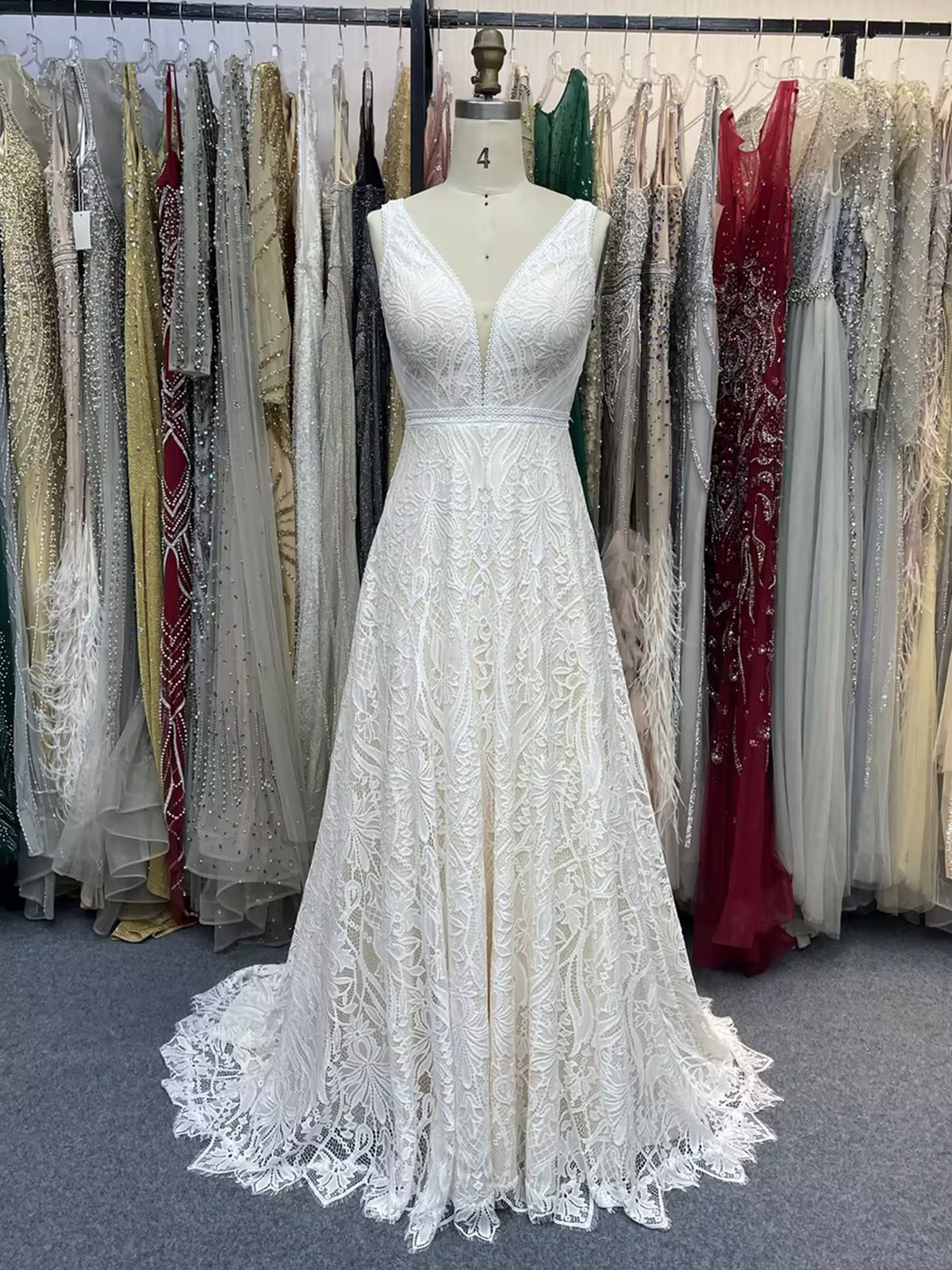 Deep V-Neck Floral Lace A-Line Wedding Dress with Sweep Train