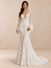 Deep V-Neck Floral Lace Mermaid Wedding Dress with Bell Sleeves