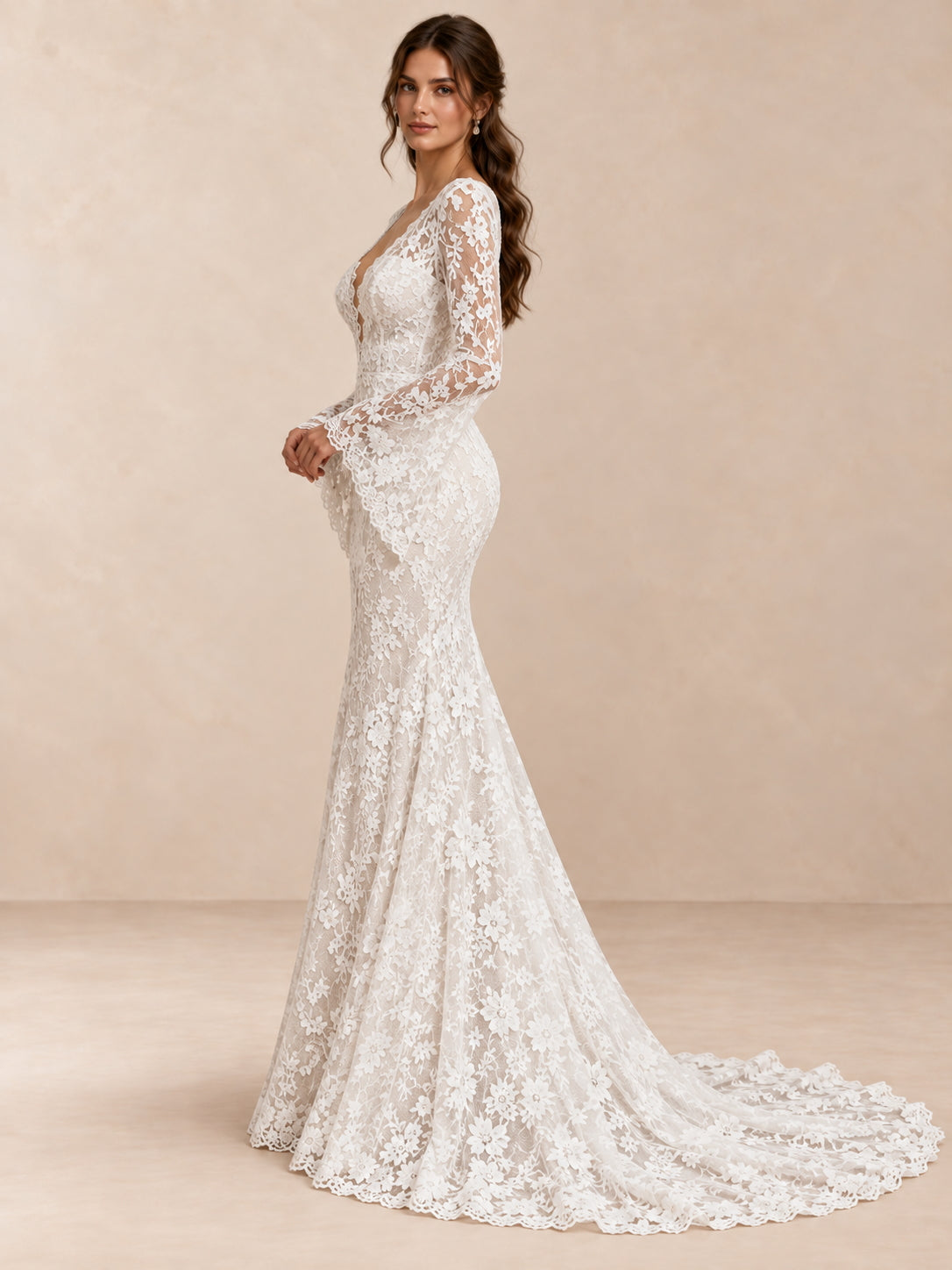 Deep V-Neck Floral Lace Mermaid Wedding Dress with Bell Sleeves