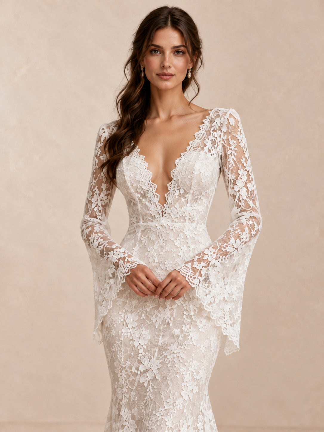 Deep V-Neck Floral Lace Mermaid Wedding Dress with Bell Sleeves