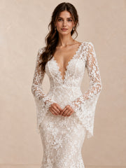 Deep V-Neck Floral Lace Mermaid Wedding Dress with Bell Sleeves