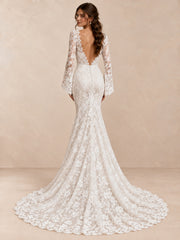 Deep V-Neck Floral Lace Mermaid Wedding Dress with Bell Sleeves