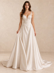 Deep V-Neck Lace Appliqué Satin A-Line Wedding Dress