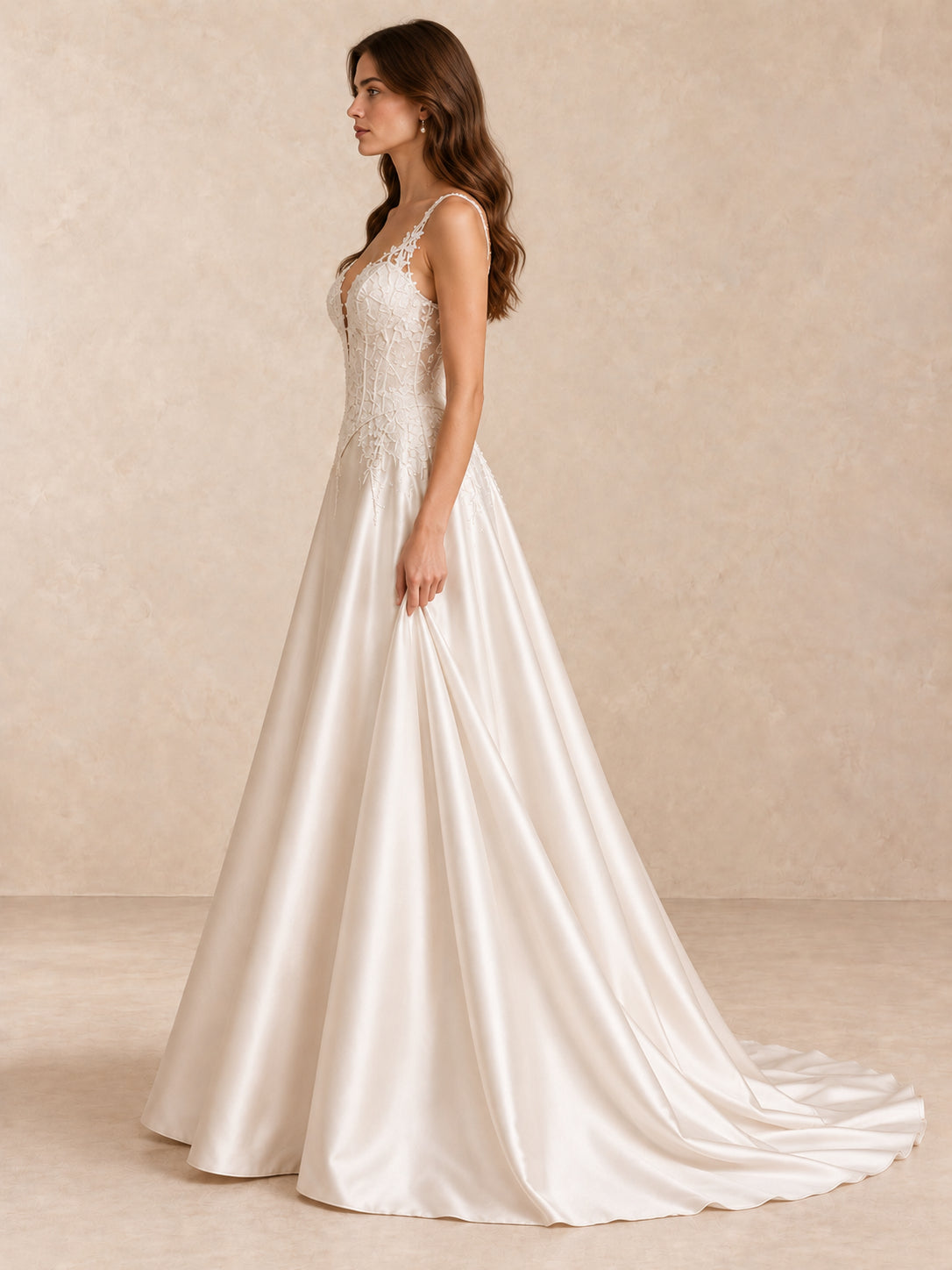 Deep V-Neck Lace Appliqué Satin A-Line Wedding Dress