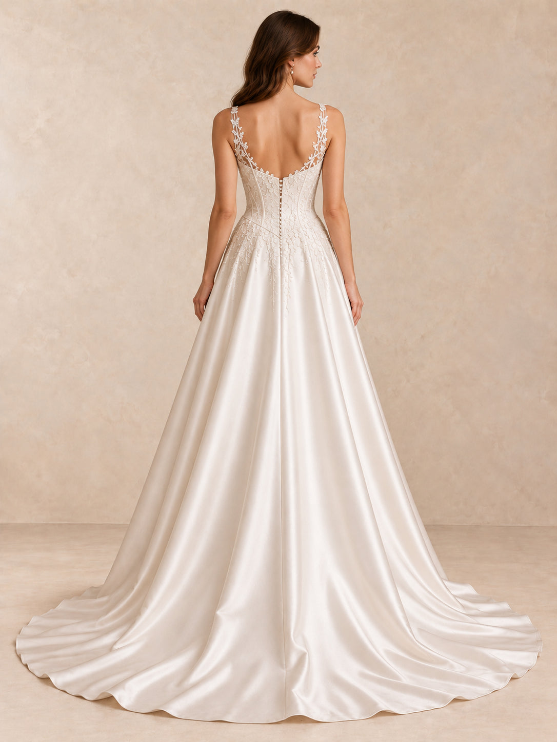 Deep V-Neck Lace Appliqué Satin A-Line Wedding Dress