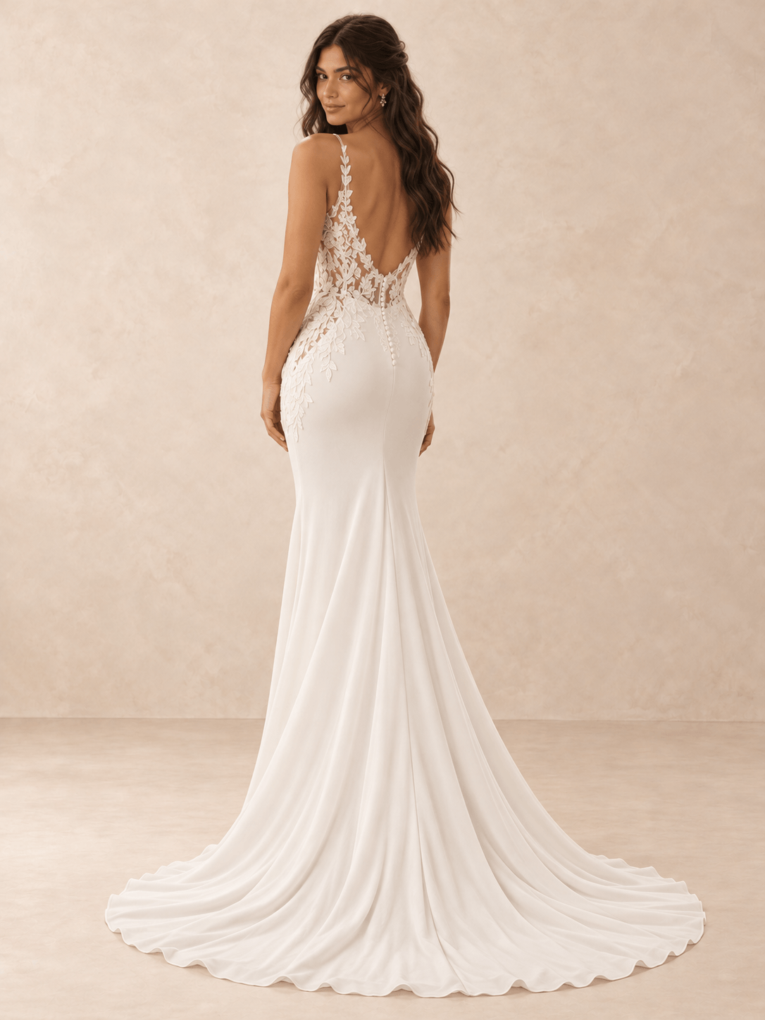Deep V-Neck Lace Appliqué Satin Mermaid Wedding Dress with Sweeping Train