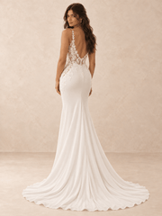 Deep V-Neck Lace Appliqué Satin Mermaid Wedding Dress with Sweeping Train
