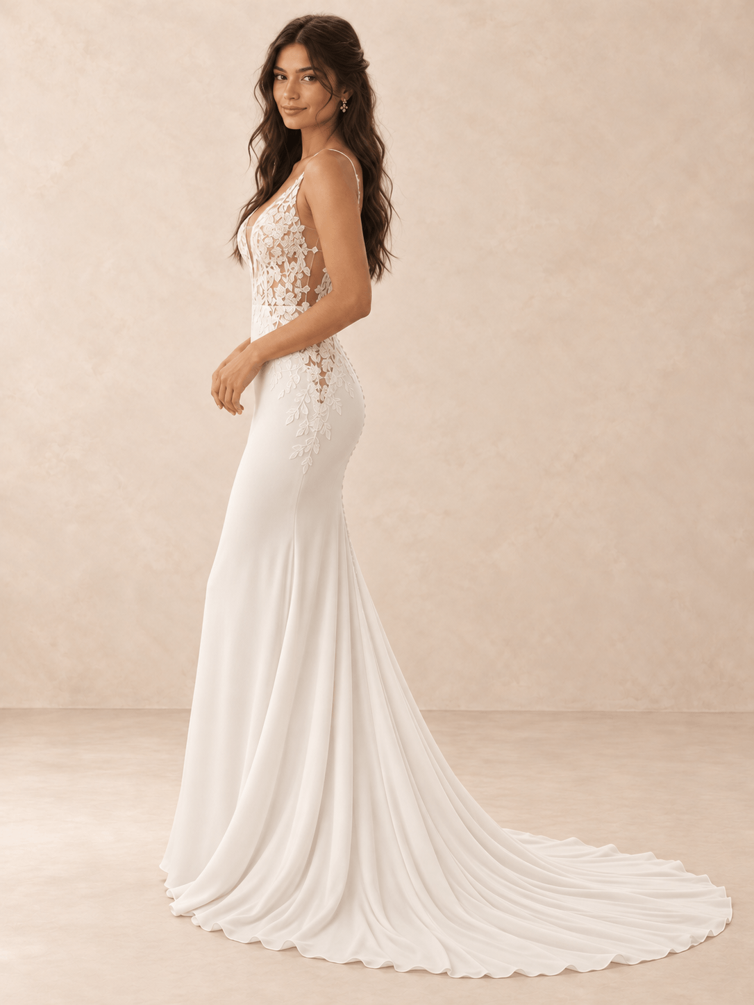 Deep V-Neck Lace Appliqué Satin Mermaid Wedding Dress with Sweeping Train