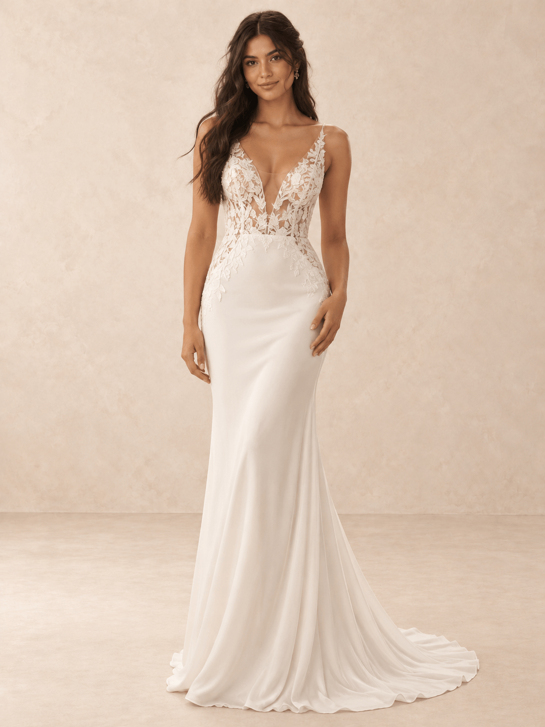 Deep V-Neck Lace Appliqué Satin Mermaid Wedding Dress with Sweeping Train