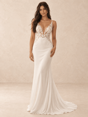 Deep V-Neck Lace Appliqué Satin Mermaid Wedding Dress with Sweeping Train