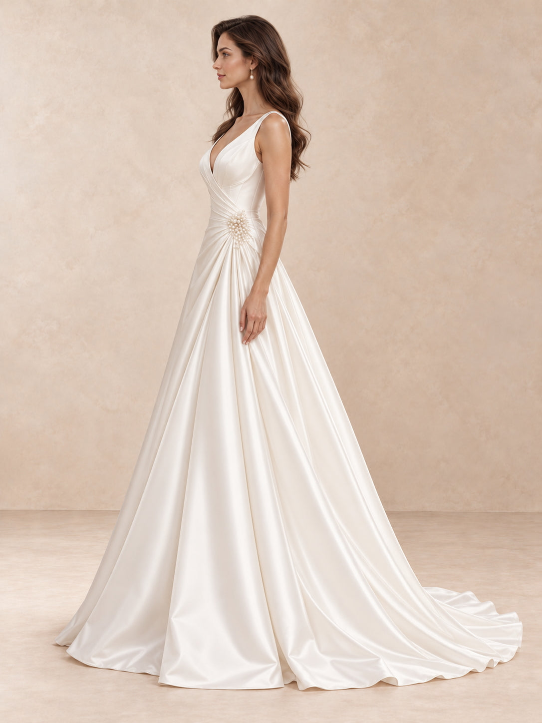 Deep V-Neck Satin A-Line Wedding Dress with Pearl Waist Detail