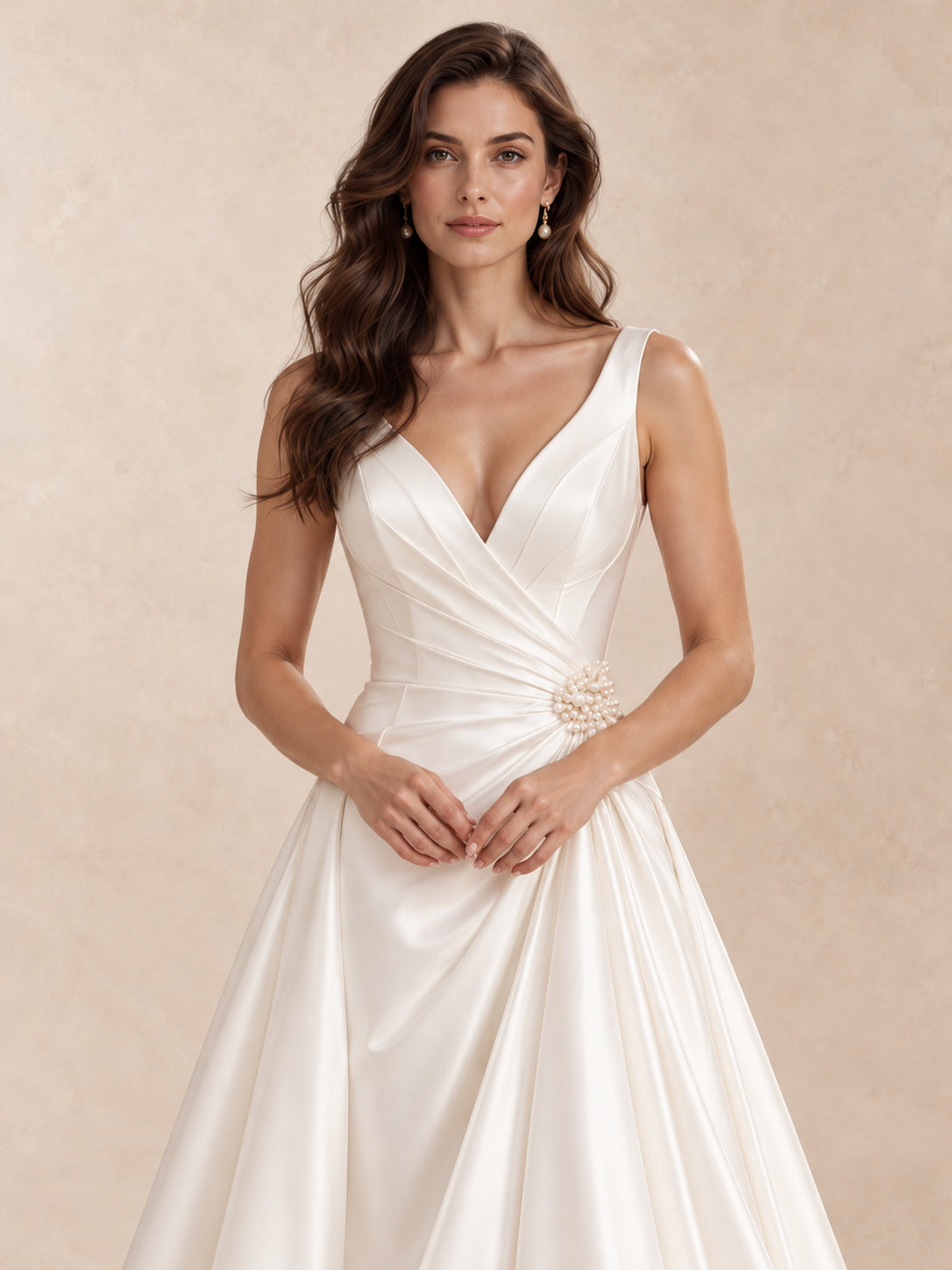 Deep V-Neck Satin A-Line Wedding Dress with Pearl Waist Detail