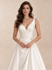 Deep V-Neck Satin A-Line Wedding Dress with Pearl Waist Detail