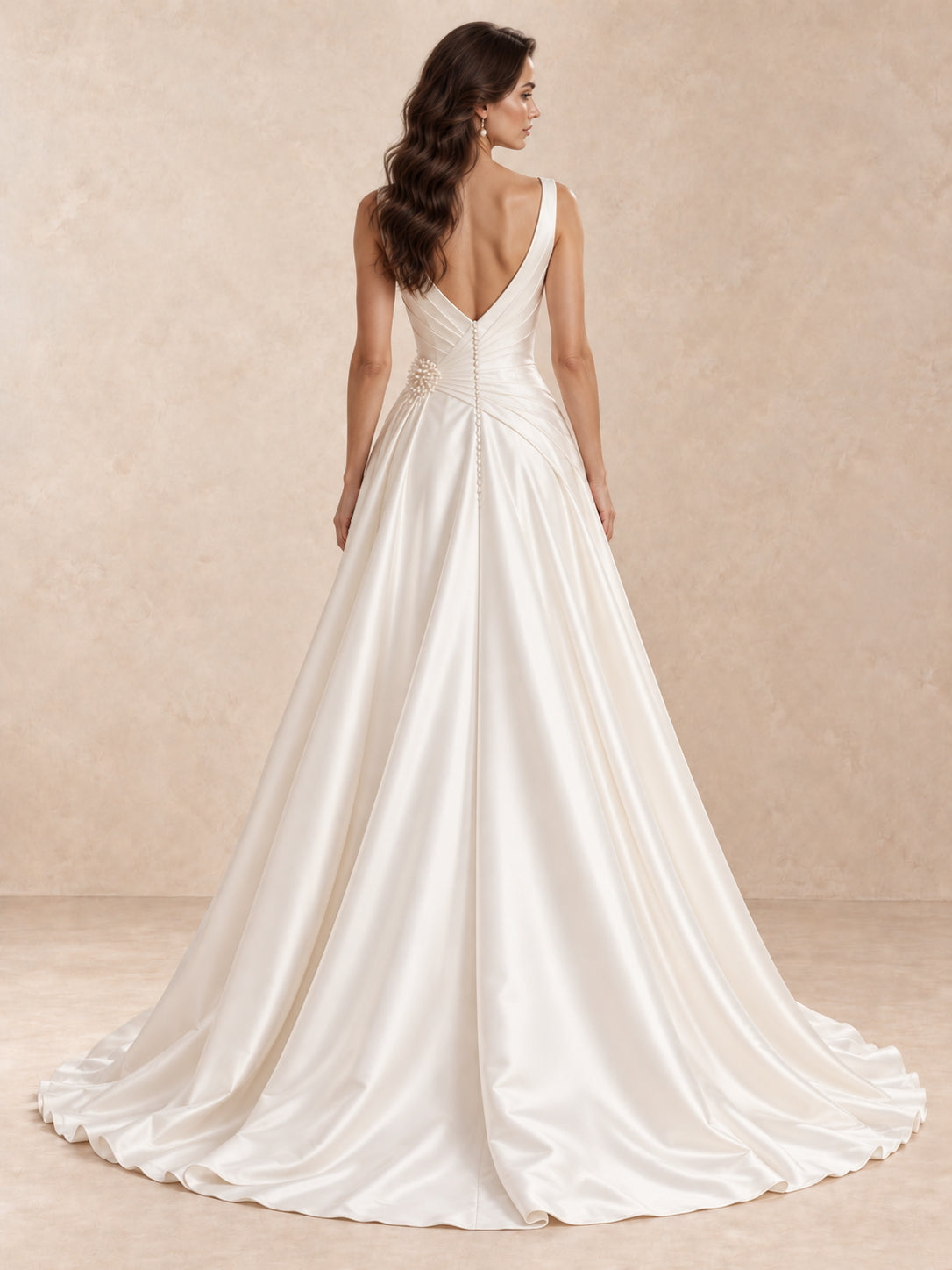 Deep V-Neck Satin A-Line Wedding Dress with Pearl Waist Detail