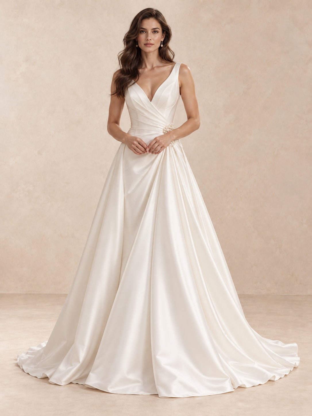 Deep V-Neck Satin A-Line Wedding Dress with Pearl Waist Detail