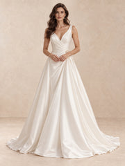 Deep V-Neck Satin A-Line Wedding Dress with Pearl Waist Detail