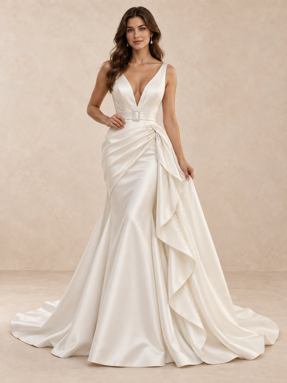 Deep V-Neck Satin Mermaid Wedding Dress with Draped Overskirt