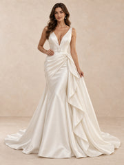 Deep V-Neck Satin Mermaid Wedding Dress with Draped Overskirt