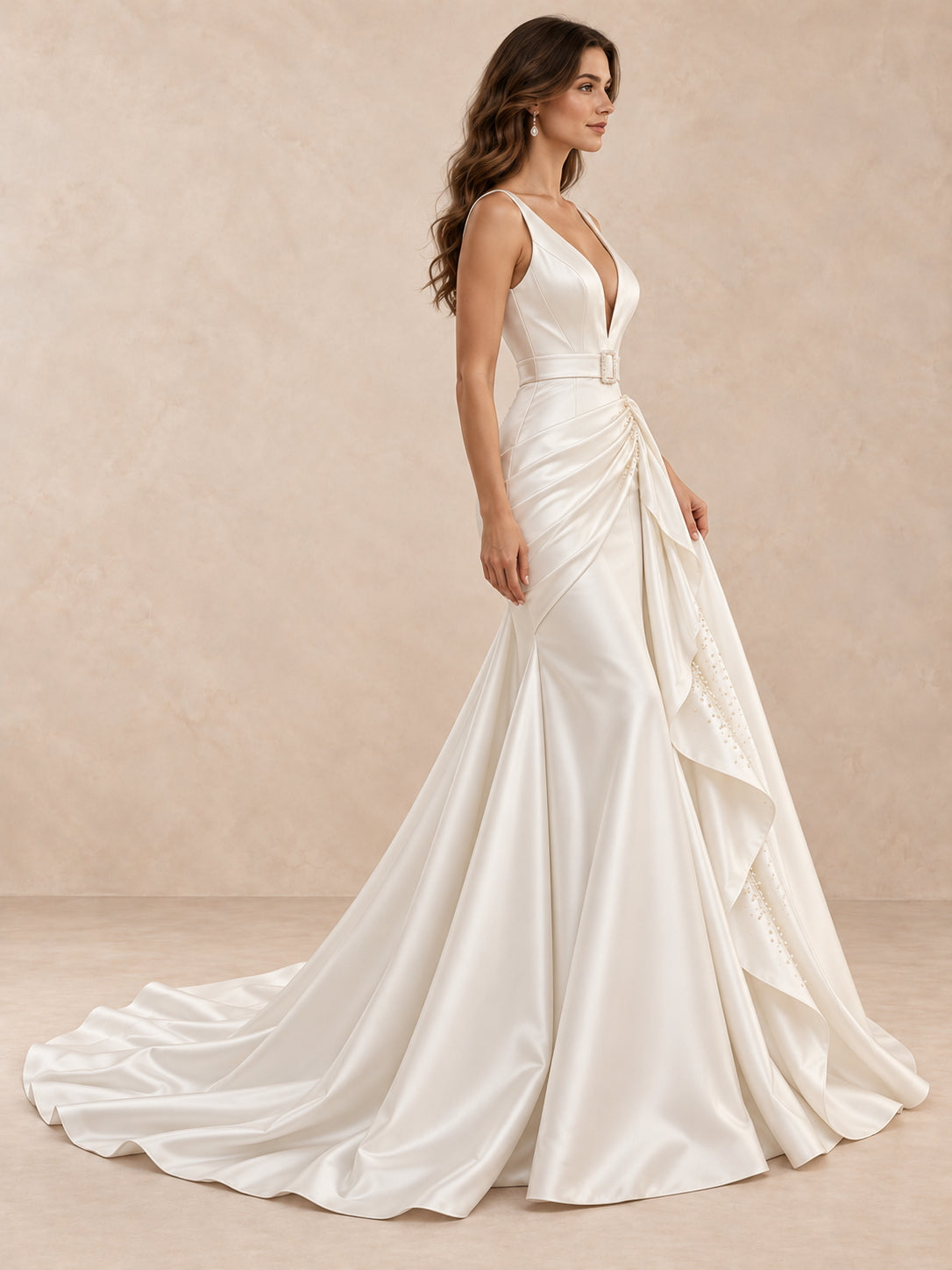 Deep V-Neck Satin Mermaid Wedding Dress with Draped Overskirt