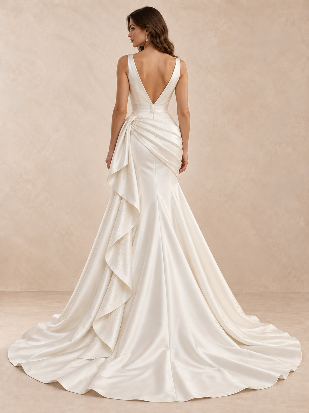 Deep V-Neck Satin Mermaid Wedding Dress with Draped Overskirt