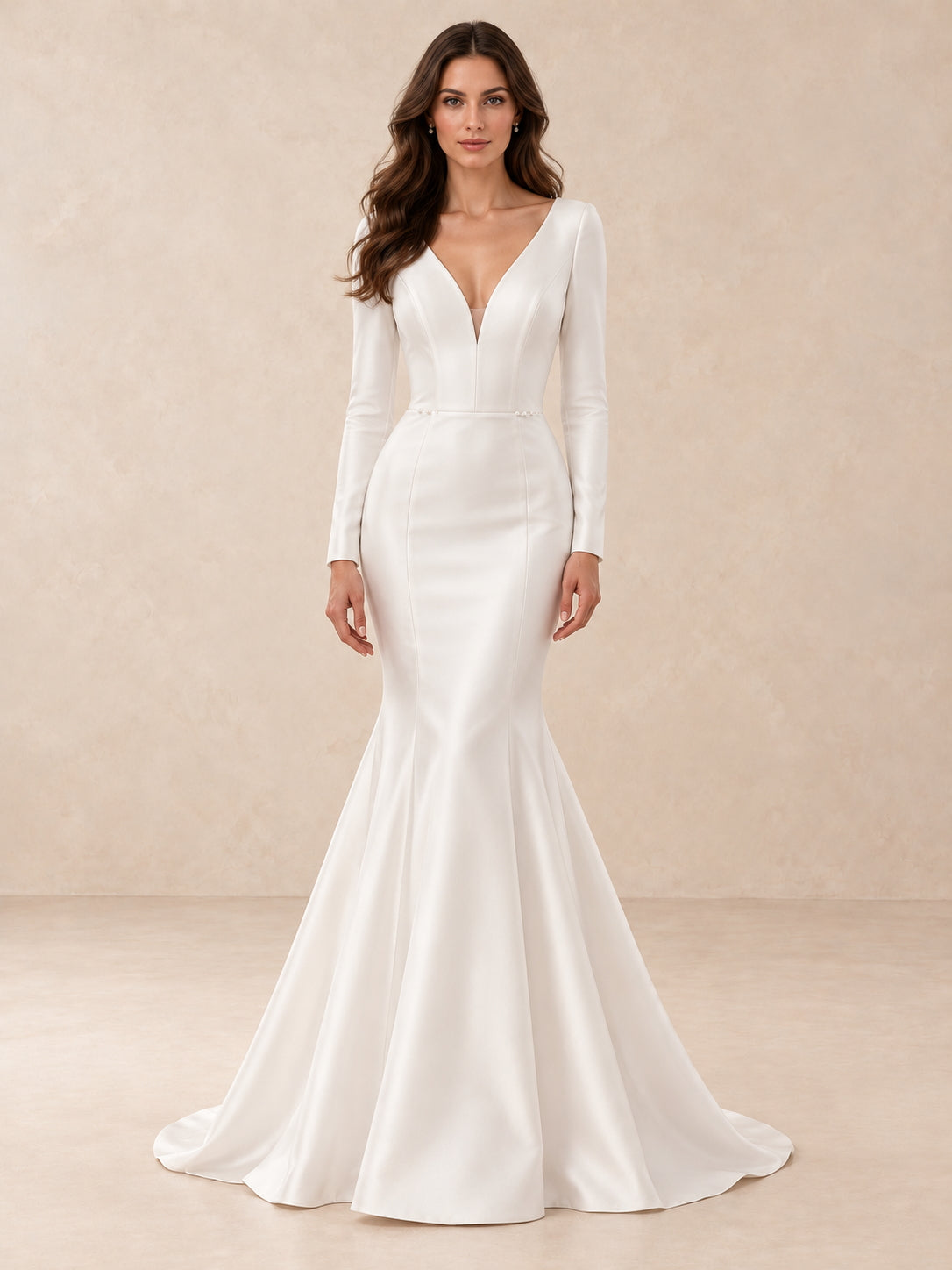 Deep V-neck Long Sleeve Mermaid Wedding Dress With Pearl Accents