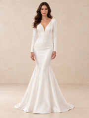 Deep V-neck Long Sleeve Mermaid Wedding Dress With Pearl Accents