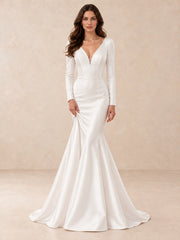 Deep V-neck Long Sleeve Mermaid Wedding Dress With Pearl Accents