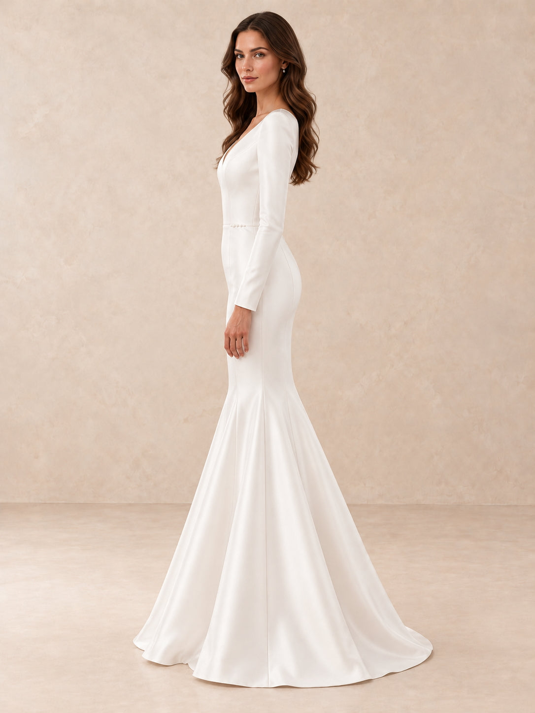 Deep V-neck Long Sleeve Mermaid Wedding Dress With Pearl Accents