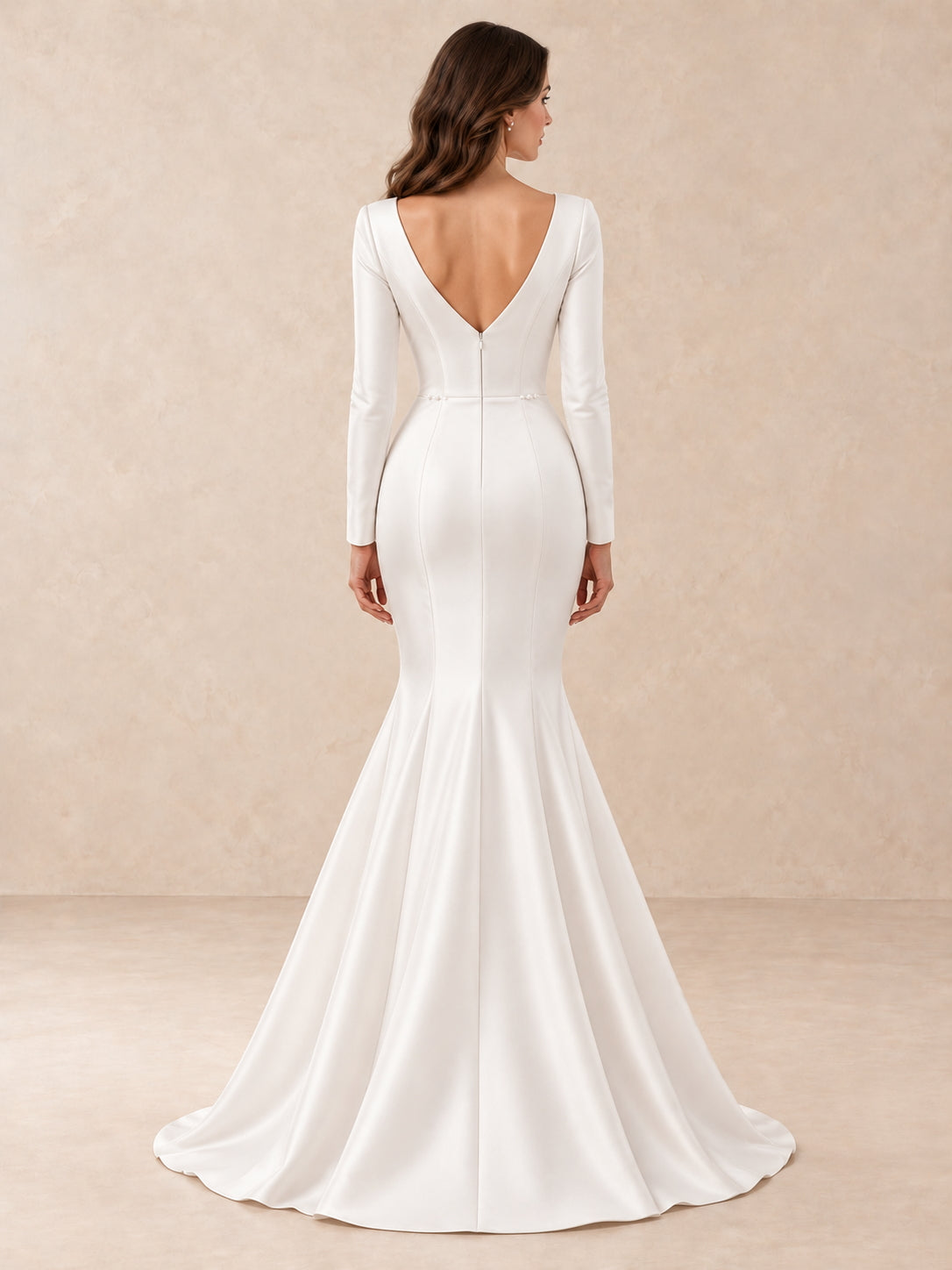 Deep V-neck Long Sleeve Mermaid Wedding Dress With Pearl Accents