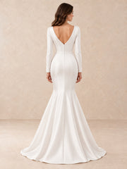 Deep V-neck Long Sleeve Mermaid Wedding Dress With Pearl Accents