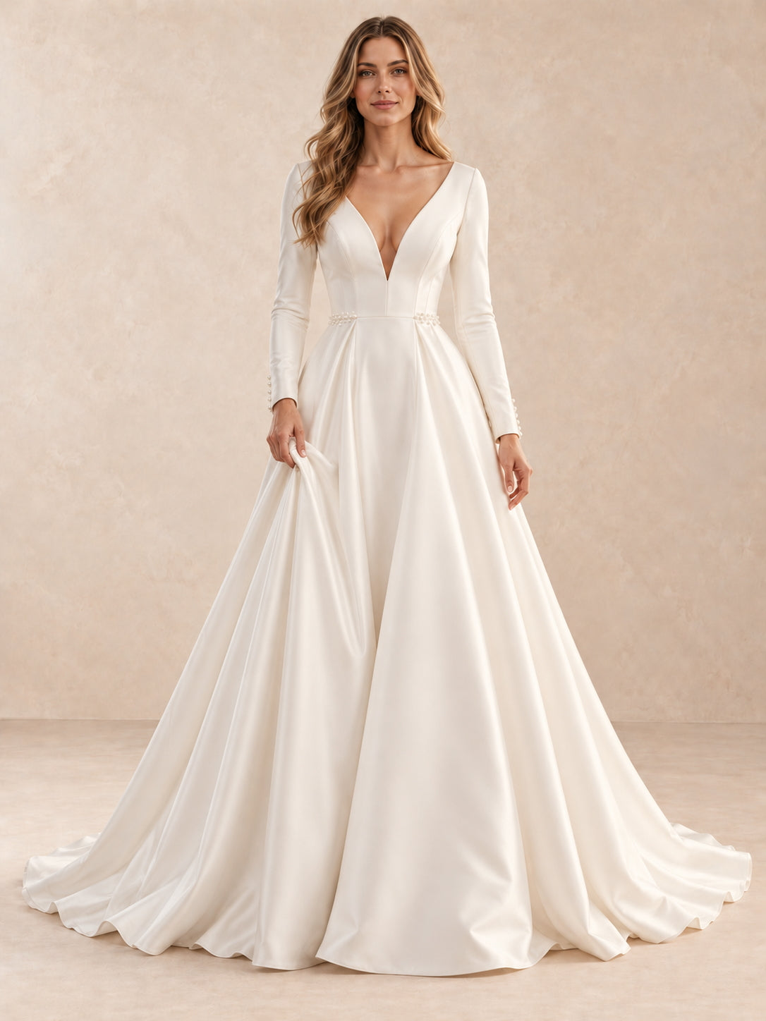 Deep V Back Long Sleeves Satin Wedding Dress with Pearl Accents