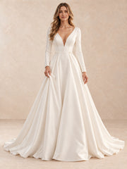 Deep V Back Long Sleeves Satin Wedding Dress with Pearl Accents