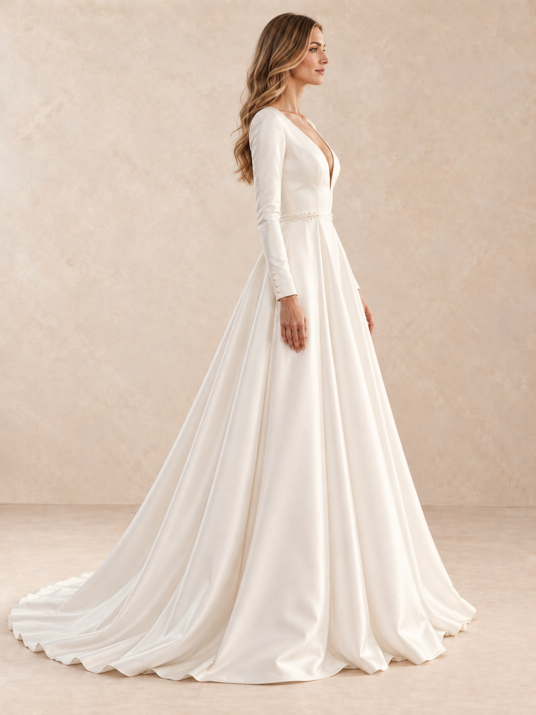 Deep V Back Long Sleeves Satin Wedding Dress with Pearl Accents
