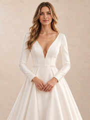 Deep V Back Long Sleeves Satin Wedding Dress with Pearl Accents