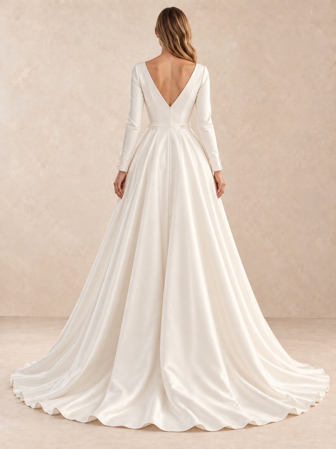 Deep V Back Long Sleeves Satin Wedding Dress with Pearl Accents