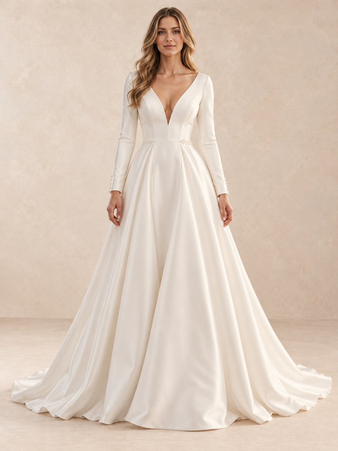 Deep V Back Long Sleeves Satin Wedding Dress with Pearl Accents