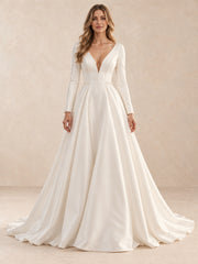 Deep V Back Long Sleeves Satin Wedding Dress with Pearl Accents