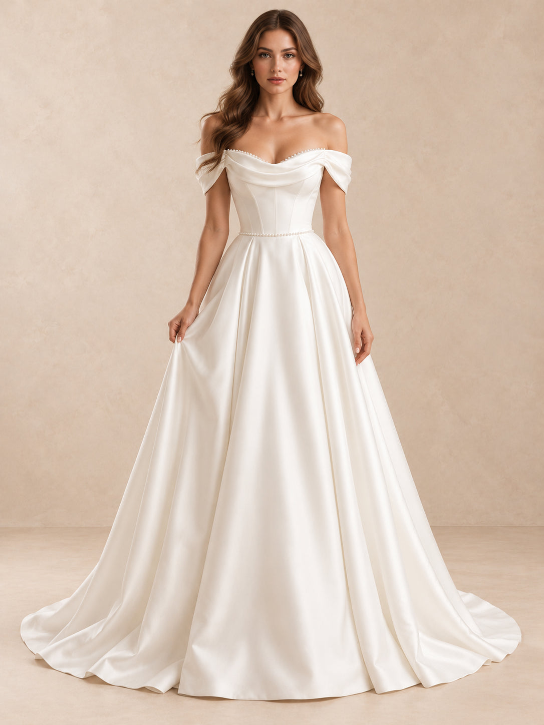 Draped Off-the-Shoulder Neckline Satin A-Line Wedding Dress