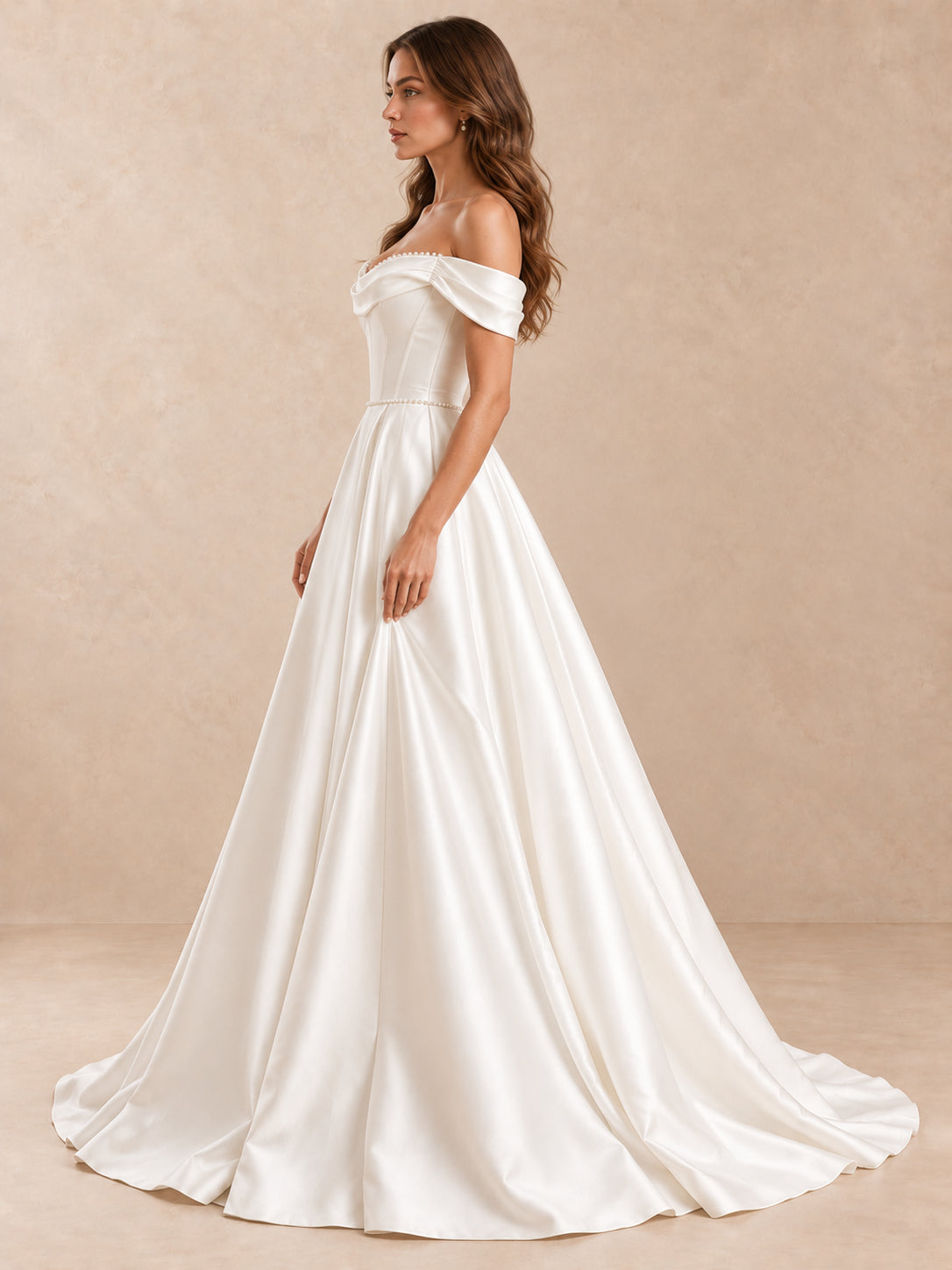 Draped Off-the-Shoulder Neckline Satin A-Line Wedding Dress