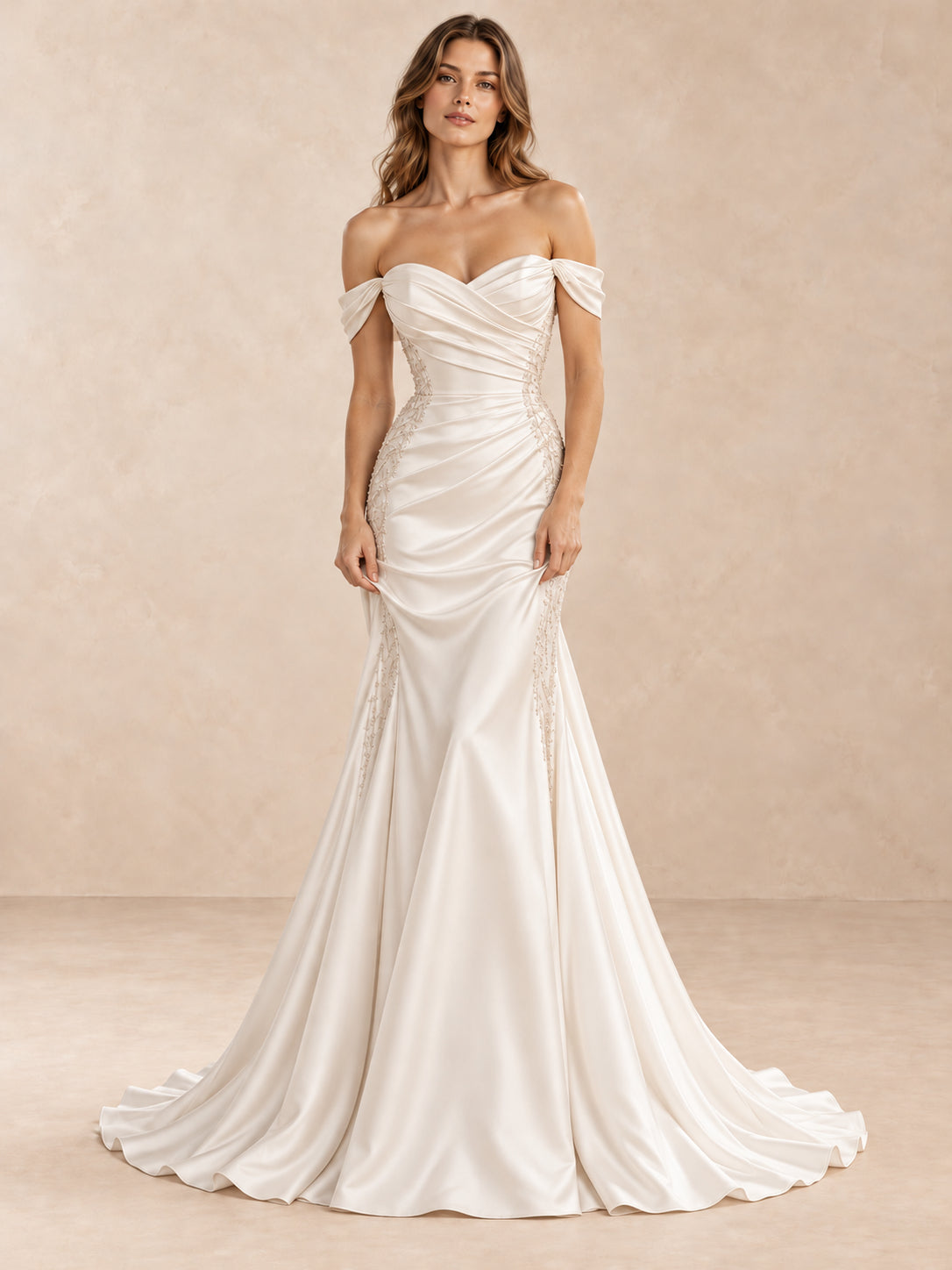 Draped Off-the-Shoulder Satin Crepe Mermaid Wedding Dress