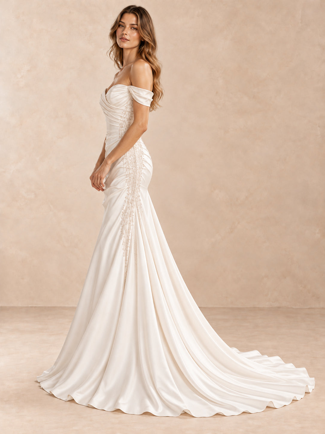 Draped Off-the-Shoulder Satin Crepe Mermaid Wedding Dress